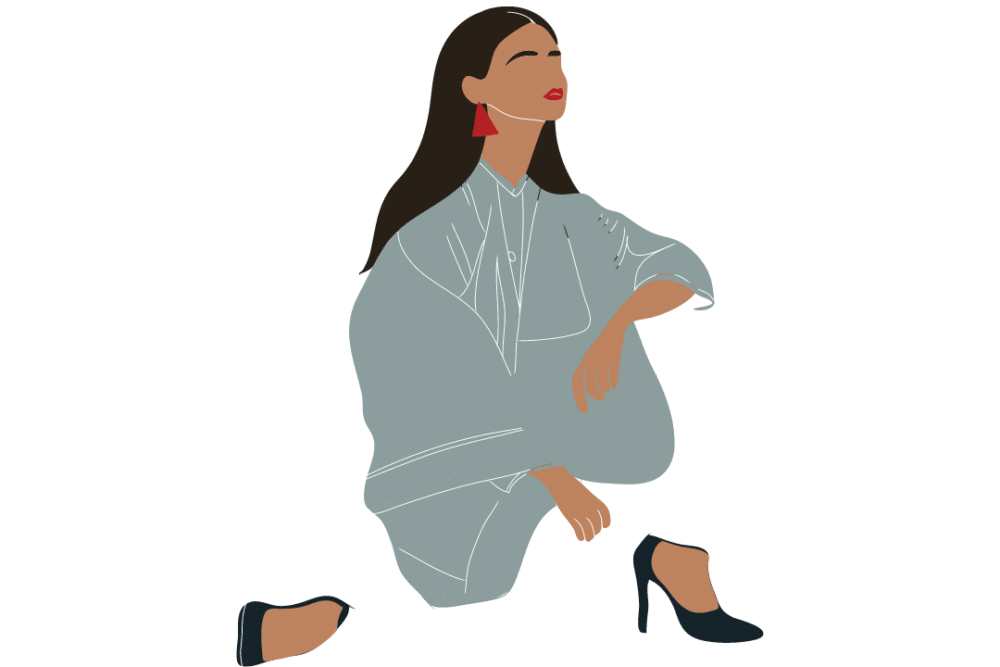 Illustration of a woman in a green shirt and white pants with red earrings